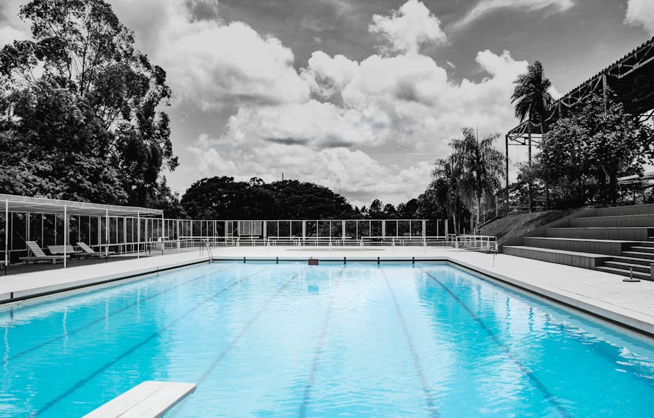 Tranquil outdoor swimming pool surrounded by lush trees and modern architecture under a vibrant sky.